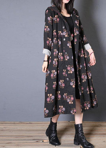 Fine Long Coat Fall Black Print Hooded Cinched Overcoat