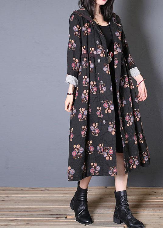 Fine Long Coat Fall Black Print Hooded Cinched Overcoat