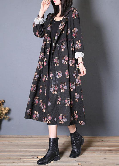 Fine Long Coat Fall Black Print Hooded Cinched Overcoat