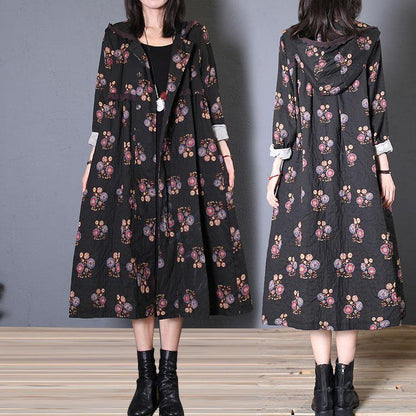 Fine Long Coat Fall Black Print Hooded Cinched Overcoat