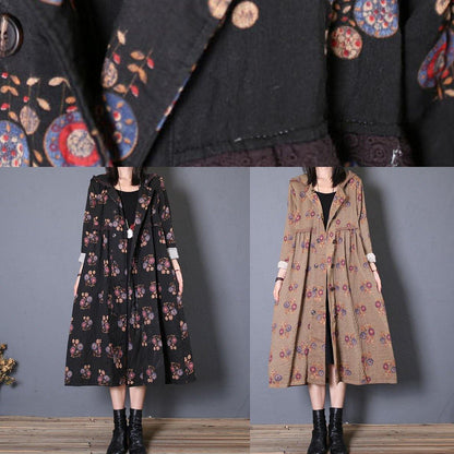 Fine Long Coat Fall Black Print Hooded Cinched Overcoat