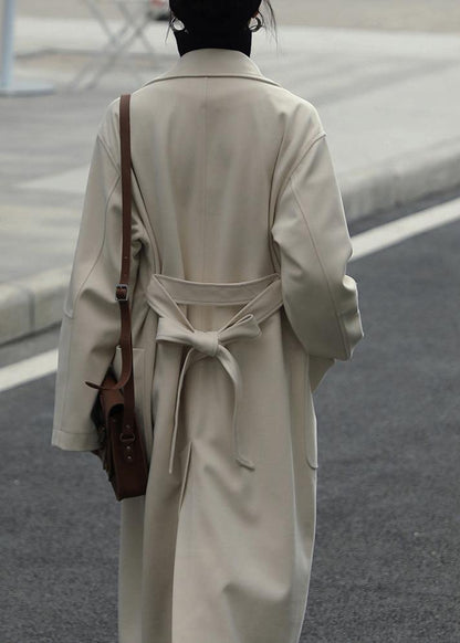 Long Jackets Coats Nude Notched Tie Waist Woolen Coat