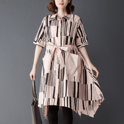 Fine Cotton Blended Blouses Oversize Irregular Polo Collar Single Breasted Printed Pink Shirt