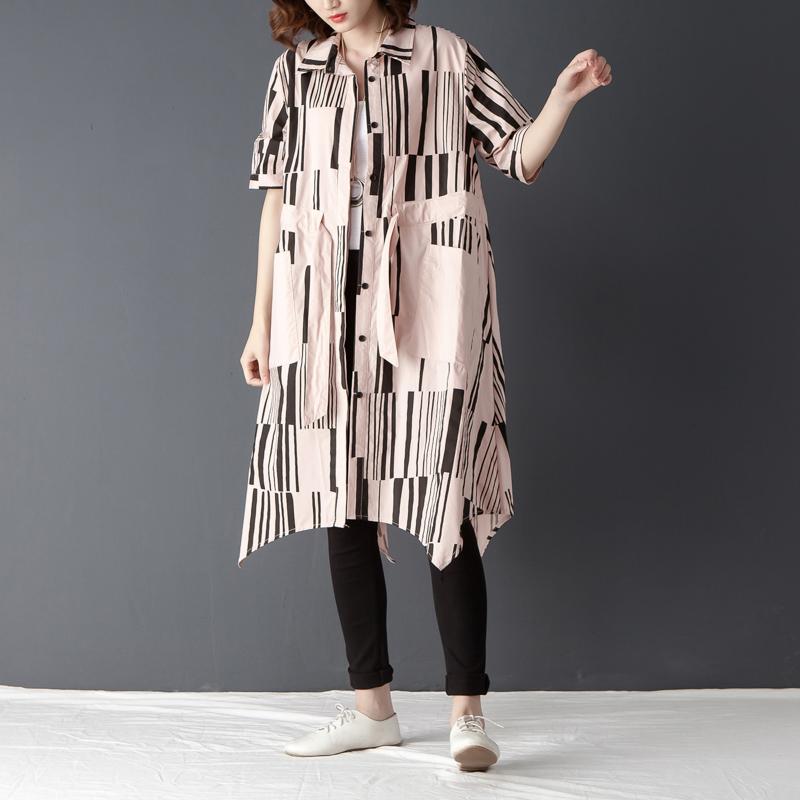 Fine Cotton Blended Blouses Oversize Irregular Polo Collar Single Breasted Printed Pink Shirt