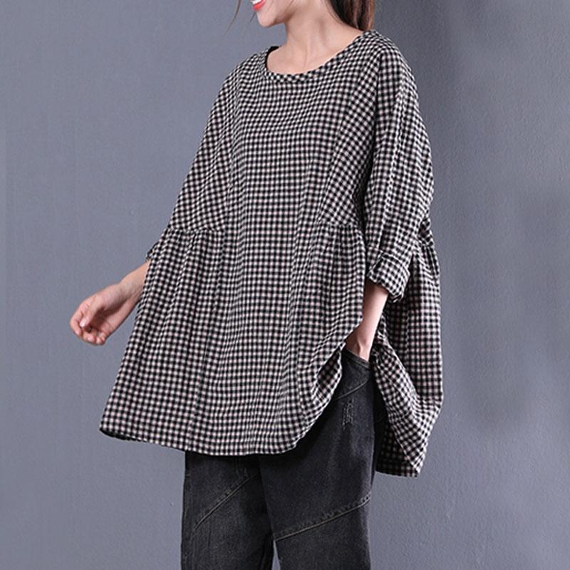 Fine Cotton Blended Blouses Oversized Round Neck Long Sleeve Spring Lattice Shirt