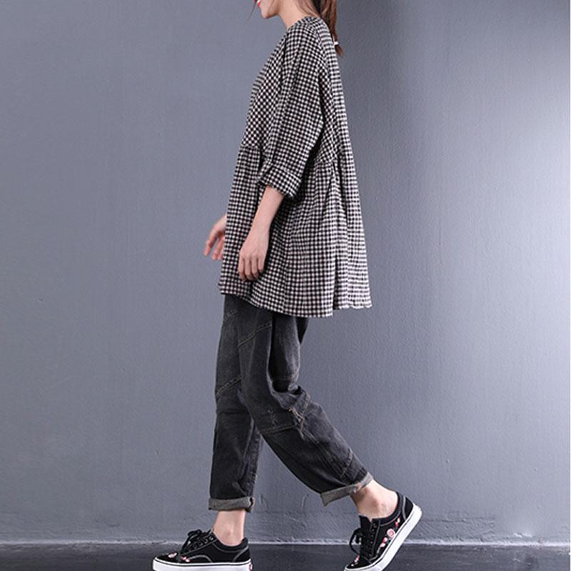 Fine Cotton Blended Blouses Oversized Round Neck Long Sleeve Spring Lattice Shirt