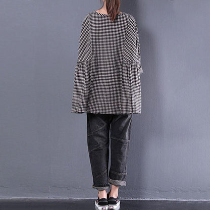 Fine Cotton Blended Blouses Oversized Round Neck Long Sleeve Spring Lattice Shirt