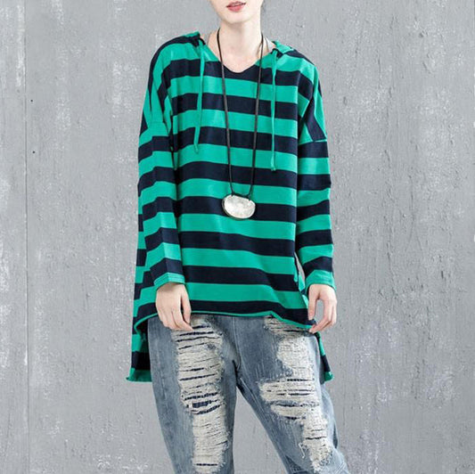 Fine Cotton Blouse Loose Fitting Bat Sleeve Hooded Stripe Shirt