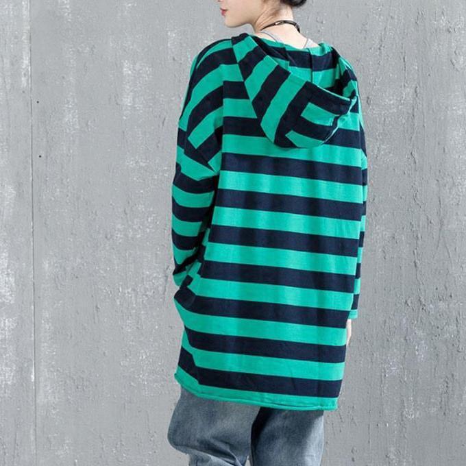 Fine Cotton Blouse Loose Fitting Bat Sleeve Hooded Stripe Shirt