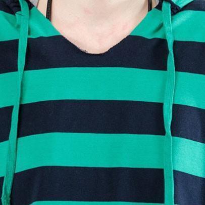 Fine Cotton Blouse Loose Fitting Bat Sleeve Hooded Stripe Shirt