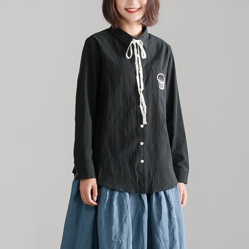 Fine Cotton Linen Blouses Loose Fitting Black Polo Collar Long Sleeve Autumn Blouse