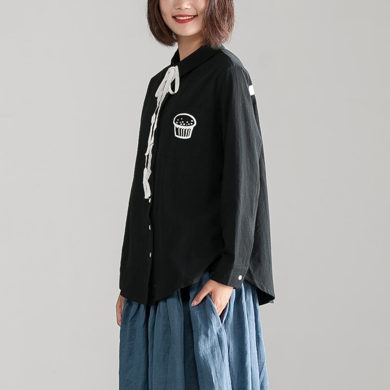 Fine Cotton Linen Blouses Loose Fitting Black Polo Collar Long Sleeve Autumn Blouse