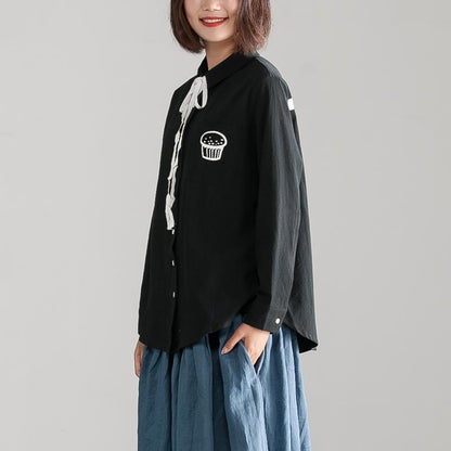 Fine Cotton Linen Blouses Loose Fitting Black Polo Collar Long Sleeve Autumn Blouse