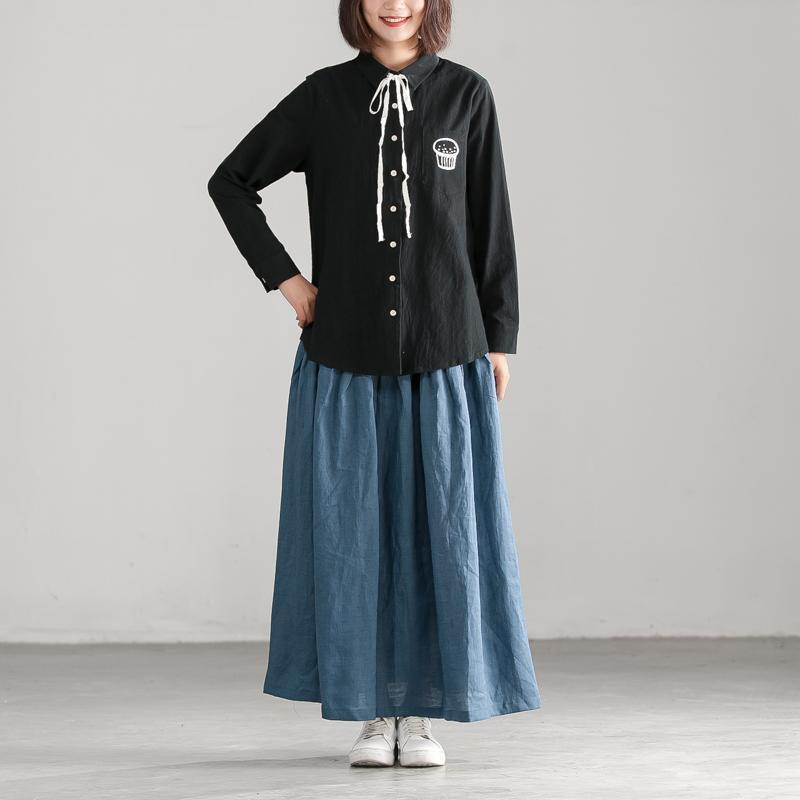 Fine Cotton Linen Blouses Loose Fitting Black Polo Collar Long Sleeve Autumn Blouse