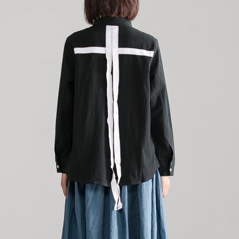Fine Cotton Linen Blouses Loose Fitting Black Polo Collar Long Sleeve Autumn Blouse