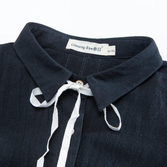 Fine Cotton Linen Blouses Loose Fitting Black Polo Collar Long Sleeve Autumn Blouse
