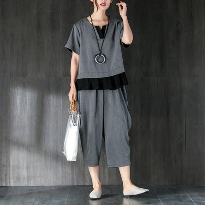 Fine Cotton Summer Dress Loose Fitting Gray Two Pieces Set Stripe Splicing Blouse Lantern Pants