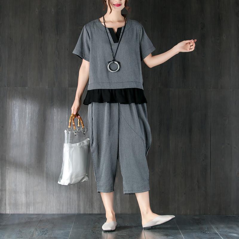 Fine Cotton Summer Dress Loose Fitting Gray Two Pieces Set Stripe Splicing Blouse Lantern Pants
