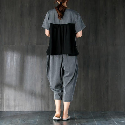 Fine Cotton Summer Dress Loose Fitting Gray Two Pieces Set Stripe Splicing Blouse Lantern Pants