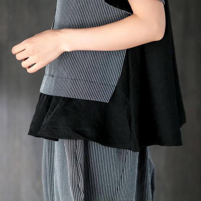Fine Cotton Summer Dress Loose Fitting Gray Two Pieces Set Stripe Splicing Blouse Lantern Pants