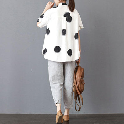 Fine Cotton Summer Top Oversized Stand Collar Short Sleeve Loose Cotton White Shirt