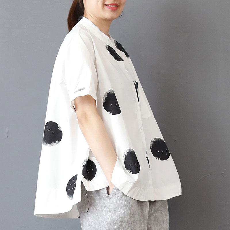 Fine Cotton Summer Top Oversized Stand Collar Short Sleeve Loose Cotton White Shirt