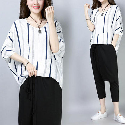 Fine Cotton Tops Oversized Summer Short Sleeve Navy Blue Stripe T-shirt