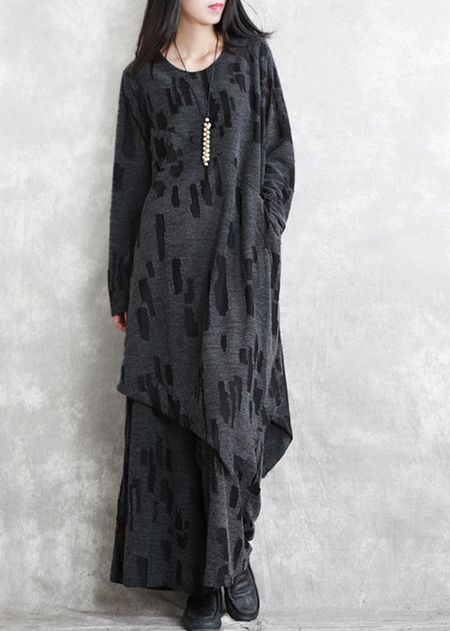 Fine Dark Gray Jacquard Pure Cotton Blended Two Pieces New Long Sleeve Pockets O Neck Asymmetrical Design and Baggy Pants
