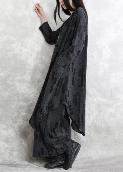 Fine Dark Gray Jacquard Pure Cotton Blended Two Pieces New Long Sleeve Pockets O Neck Asymmetrical Design and Baggy Pants