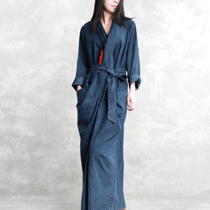 Fine Denim Blue Fall Dress V Neck Tie Waist Traveling Dress Long Sleeve Back Side Open Long Dresses