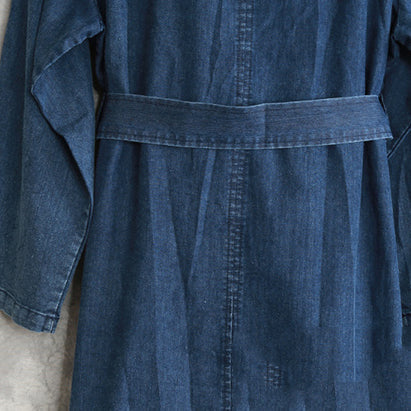 Fine Denim Blue Fall Dress V Neck Tie Waist Traveling Dress Long Sleeve Back Side Open Long Dresses