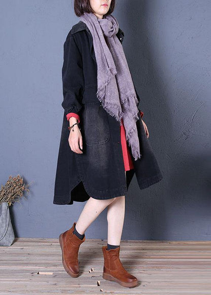 Fine Fall Denim Black Lapel Large Pockets Overcoat