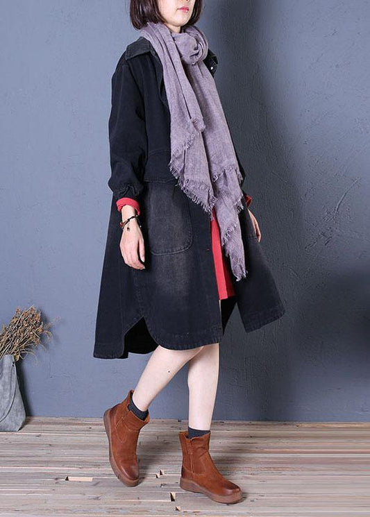 Fine Fall Denim Black Lapel Large Pockets Overcoat