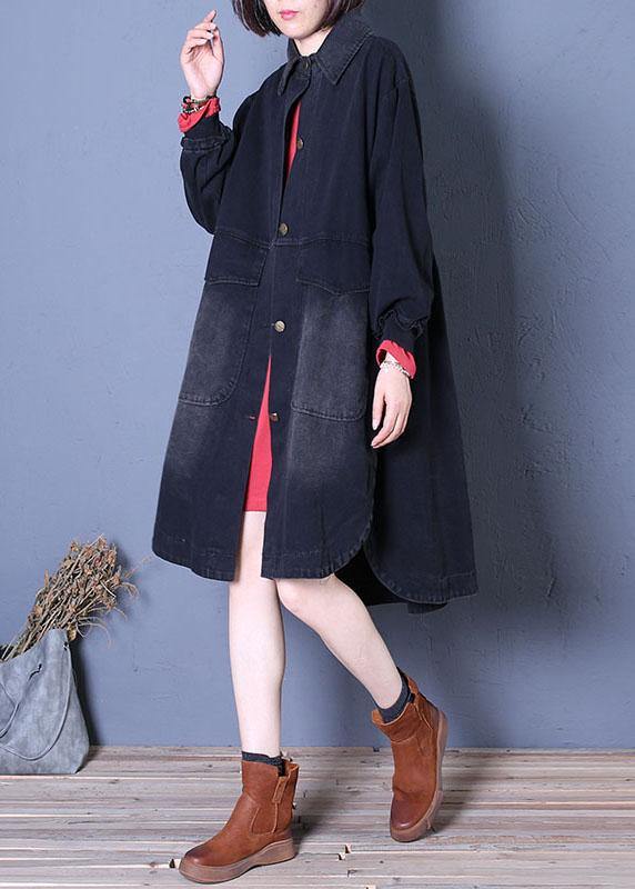 Fine Fall Denim Black Lapel Large Pockets Overcoat