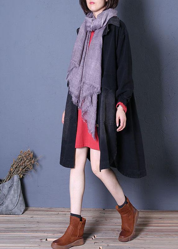 Fine Fall Denim Black Lapel Large Pockets Overcoat