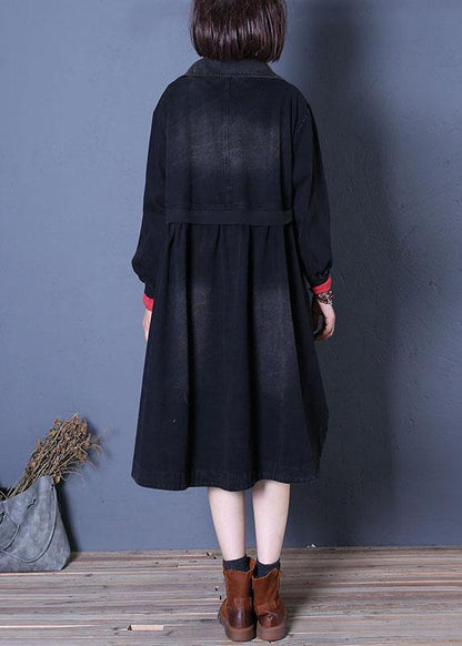 Fine Fall Denim Black Lapel Large Pockets Overcoat