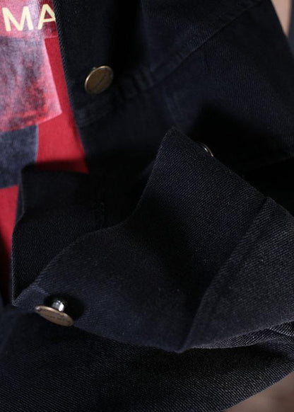 Fine Fall Denim Black Lapel Large Pockets Overcoat