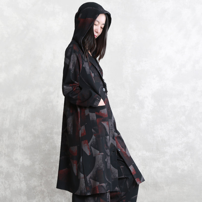 Fine Coat Oversized Two Pieces Hooded Pockets Coat Long Sleeve Long Coats Elastic Waist Trouse