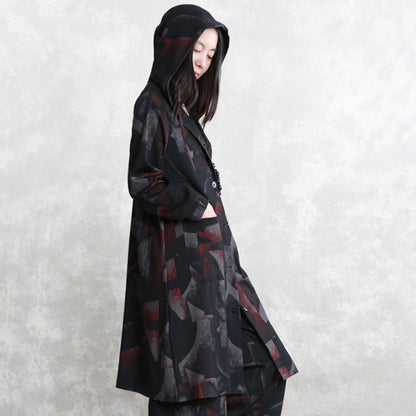Fine Coat Oversized Two Pieces Hooded Pockets Coat Long Sleeve Long Coats Elastic Waist Trouse
