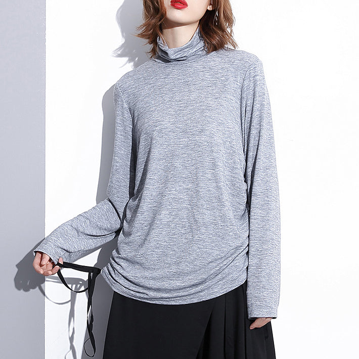 Fine Gray Pure Tops Oversized High Neck Cotton T Shirt Fine Drawstring Blouses