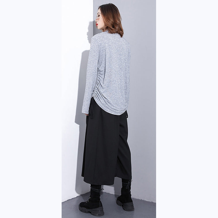 Fine Gray Pure Tops Oversized High Neck Cotton T Shirt Fine Drawstring Blouses