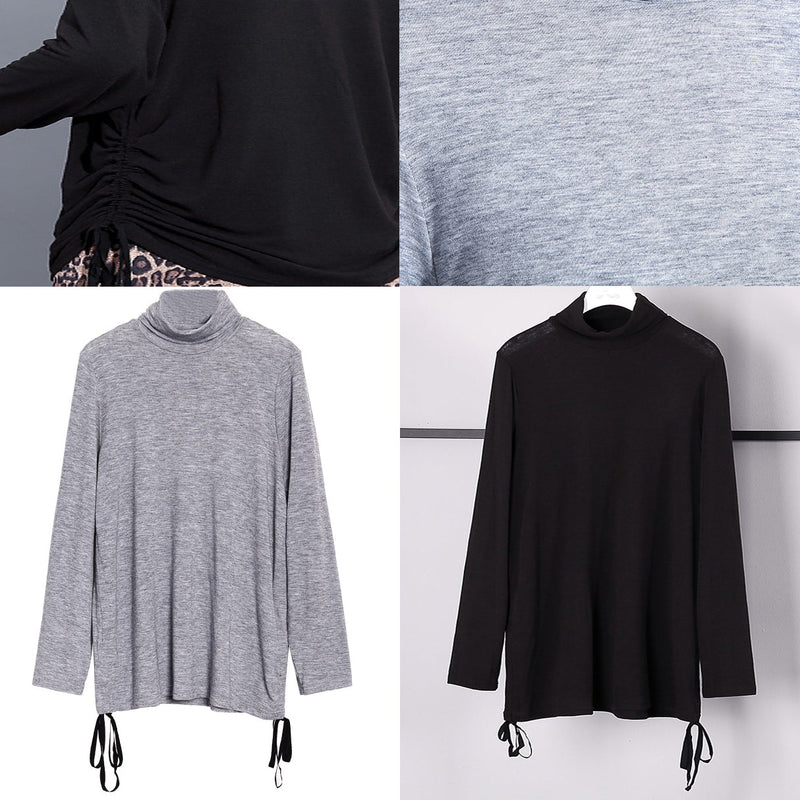 Fine Gray Pure Tops Oversized High Neck Cotton T Shirt Fine Drawstring Blouses