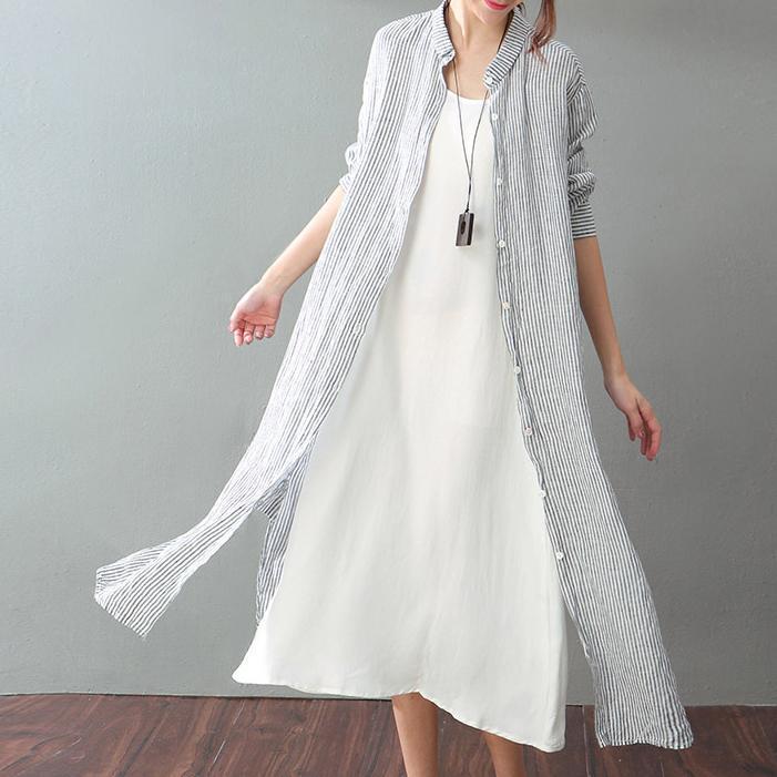 Fine Gray Striped Natural Cotton Linen Dress Clothing Long Sleeve Baggy Dresses