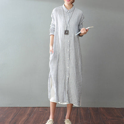 Fine Gray Striped Natural Cotton Linen Dress Clothing Long Sleeve Baggy Dresses