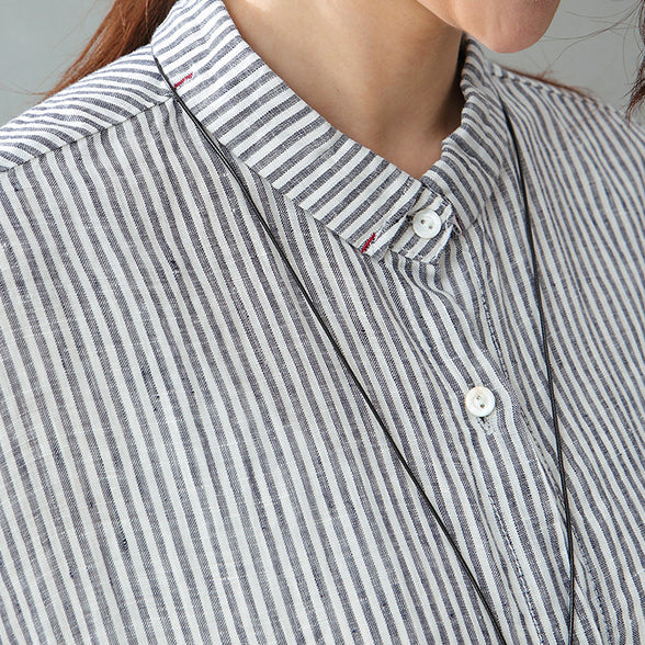 Fine Gray Striped Natural Cotton Linen Dress Clothing Long Sleeve Baggy Dresses