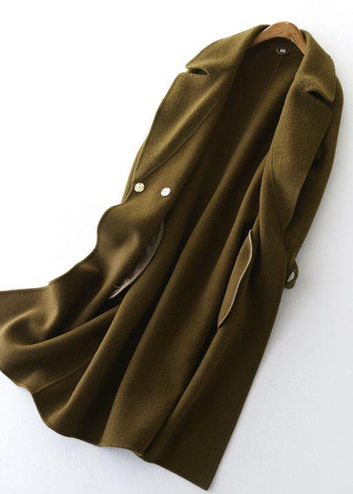 Fine Green Woolen Coats Loose Fitting Long Coats Tie Waist Outwear Lapel Collar