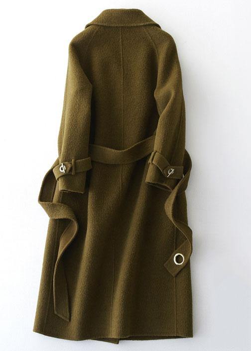 Fine Green Woolen Coats Loose Fitting Long Coats Tie Waist Outwear Lapel Collar