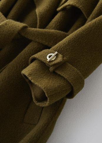 Fine Green Woolen Coats Loose Fitting Long Coats Tie Waist Outwear Lapel Collar