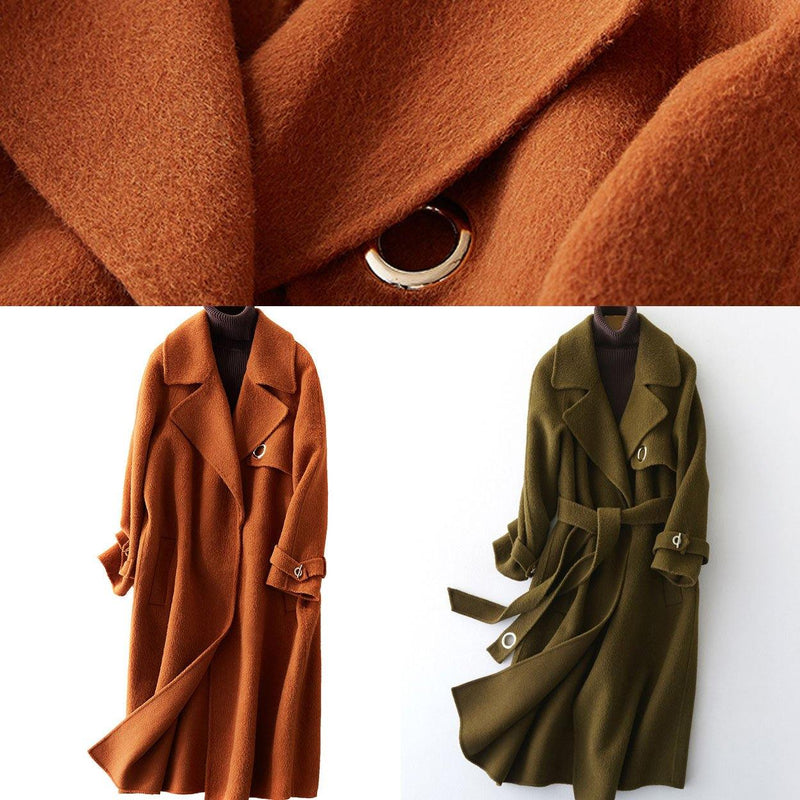 Fine Green Woolen Coats Loose Fitting Long Coats Tie Waist Outwear Lapel Collar