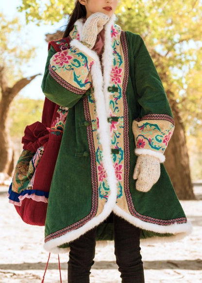 Fine Green Winter Outwear Jackets & Coats Embroidery Chinese Button Coats